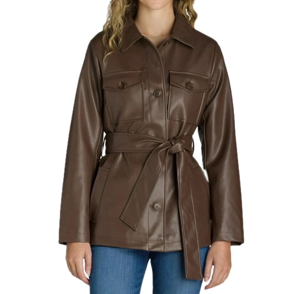 Time and Tru Brown Faux Leather Belted Trench Jacket